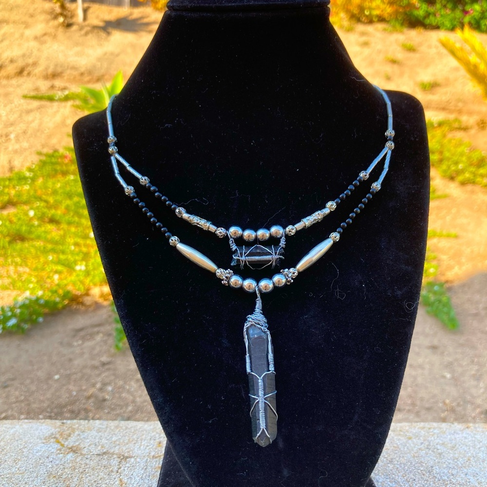 Dual Layer Necklace with Black Crystal/ Gemstone